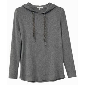 Chico’s Gray Hooded Sweater Size 2 Large Sparkly Drawstrings Cashmere Blend Soft